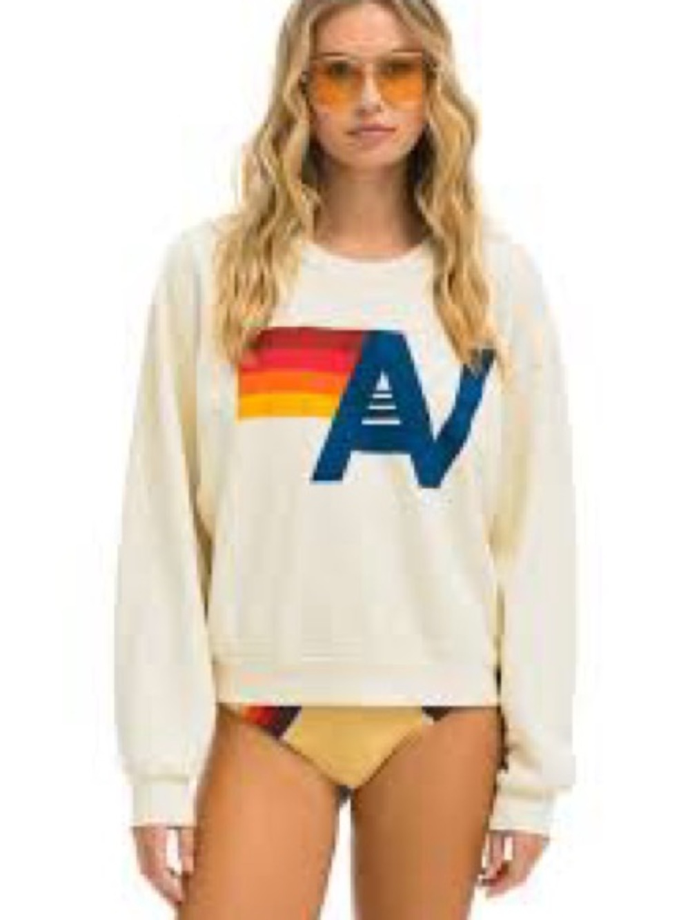 Aviator Nation Cream Crewneck with Retro Red-Orange-Yellow Stripe & Navy AV Logo